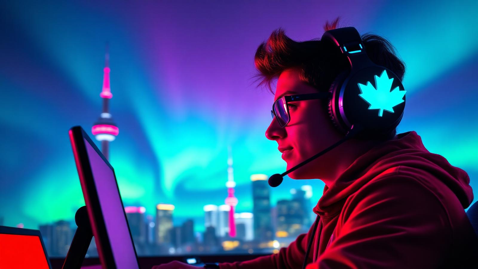 A Canadian gamer with the Toronto skyline and northern lights in the background