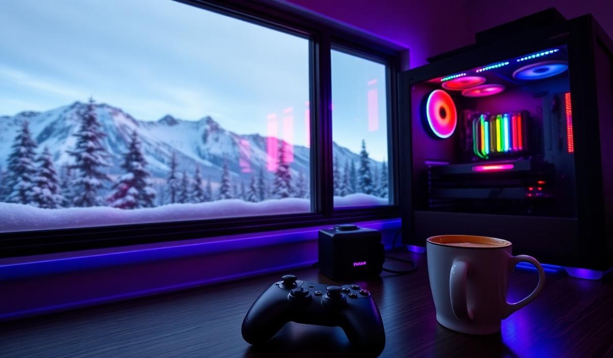 A gaming setup by a window overlooking the Canadian Rockies