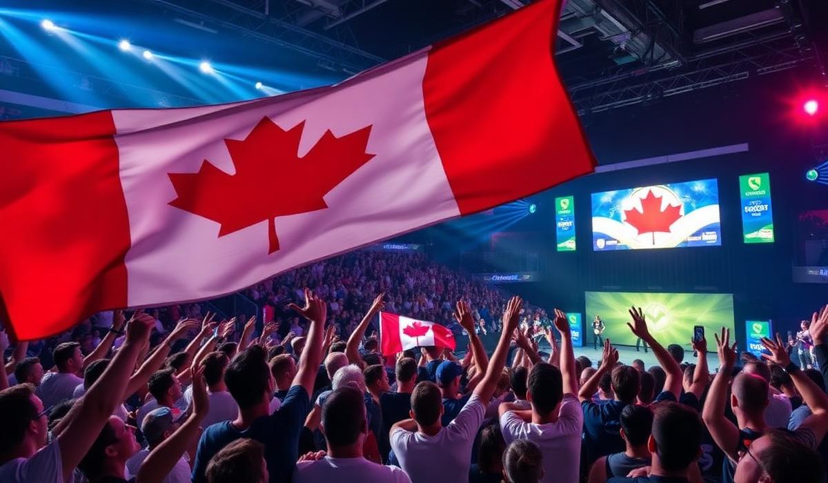 An esports arena with a Canadian flag overhead